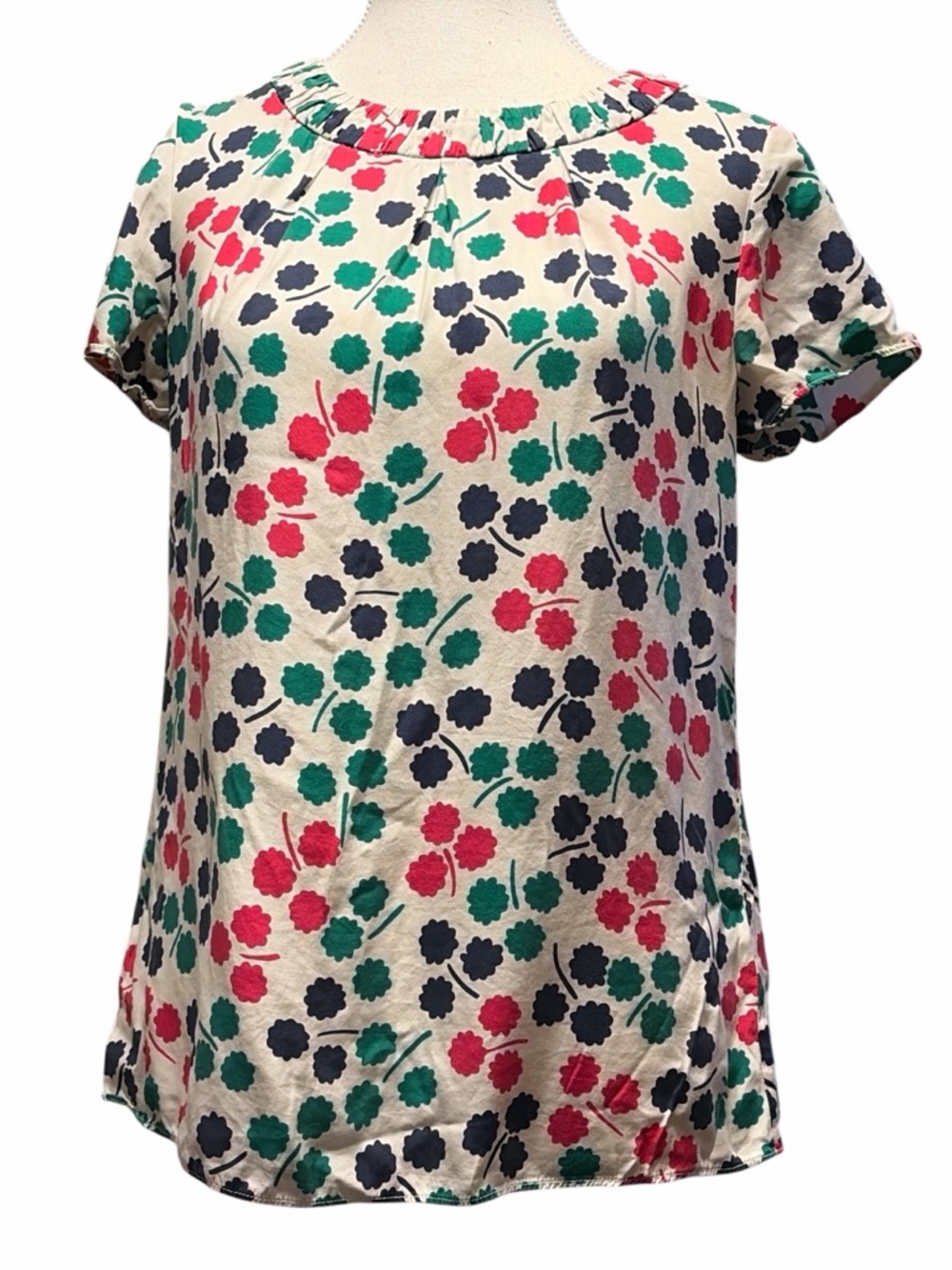 Boden Off White Floral-Print Short Sleeve Blouse with Pink, Green & Navy